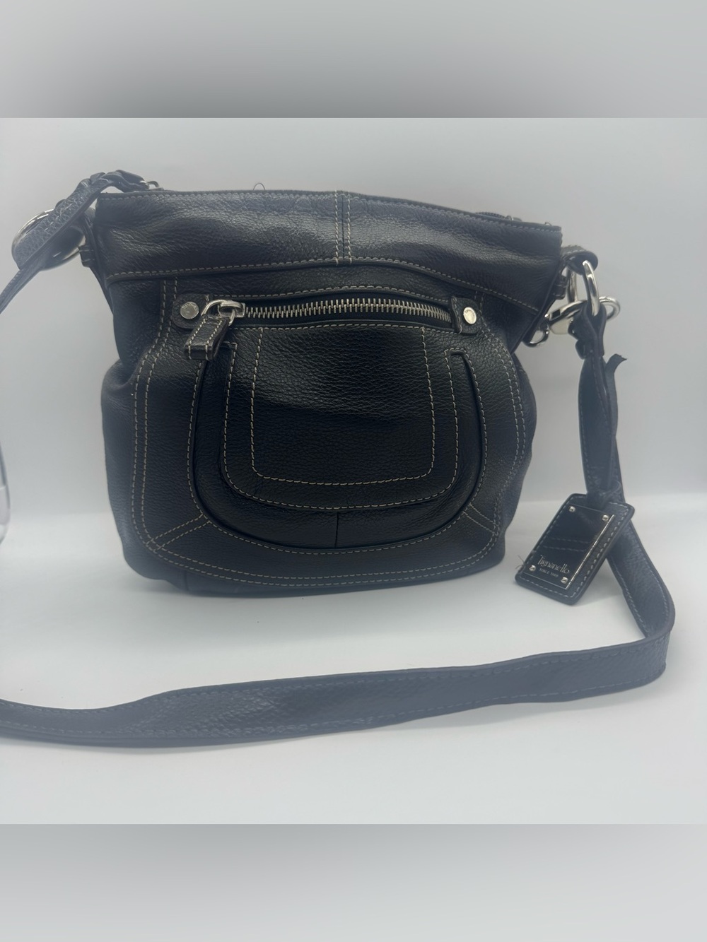 Tignanello Black Pebbled Leather Crossbody with Front Zip Accent